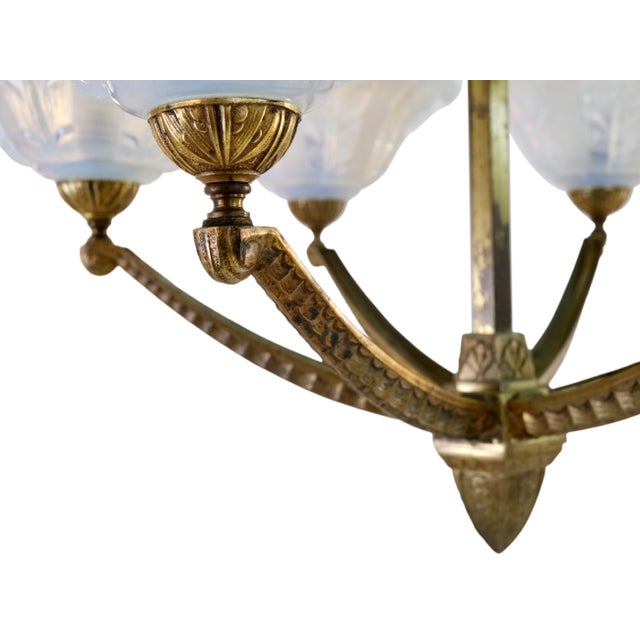 Gold Ceiling Lamp with Bronze Mount and Opalescent Glass, 1930s For Sale - Image 8 of 11