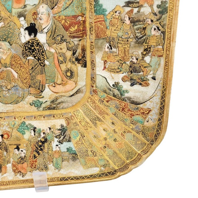 Japanese Meiji Kyoto Satsuma Square Dish with Rakan and Ladies, 1890s For Sale - Image 10 of 17