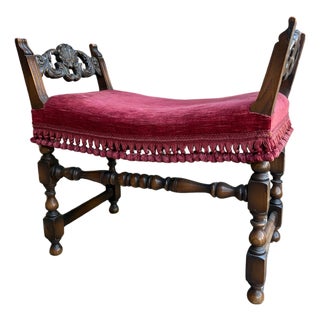 Vintage American Furniture Company Upholstered Vanity Bench With Turned Legs and Tassel Trim For Sale