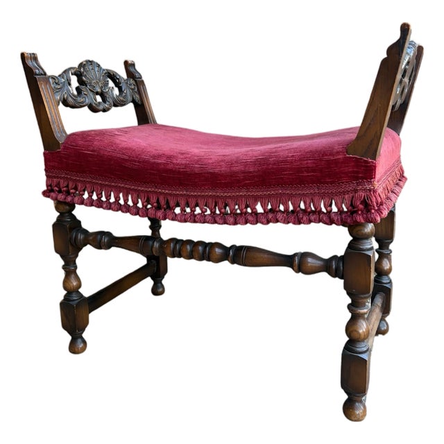 Vintage American Furniture Company Upholstered Vanity Bench With Turned Legs and Tassel Trim For Sale