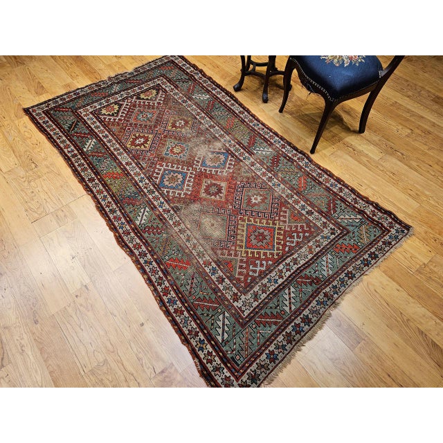 Antique Caucasian Kazak Area Rug, Handwoven Allover Design, Red & Green, 5' x 8' For Sale - Image 4 of 18