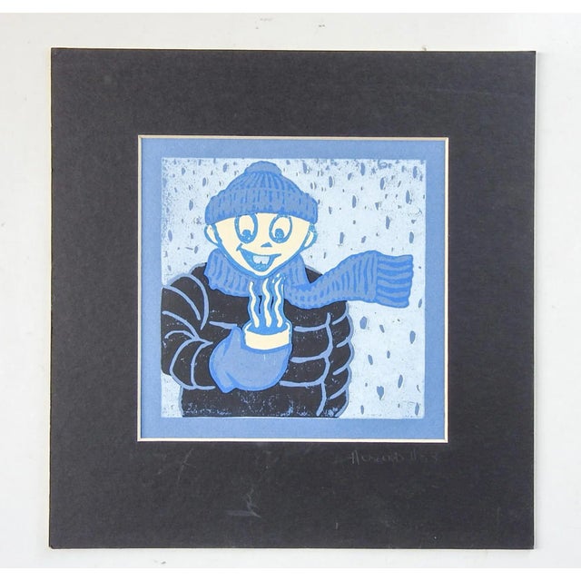 Contemporary Winter Figure & Hot Chocolate Serigraph in Blue & Black For Sale - Image 3 of 3