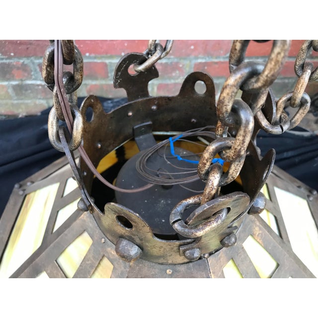 1910s 1910 Arts and Crafts Slag Glass Octagonal Chandelier in Hammered Iron For Sale - Image 5 of 13