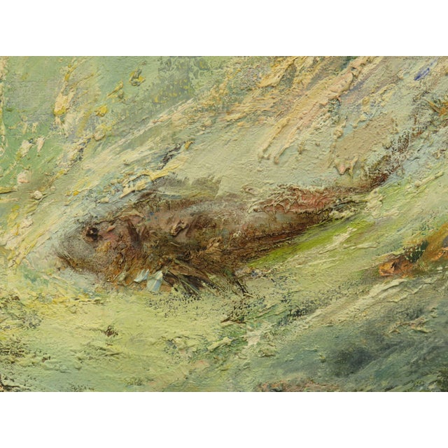 A lovely vintage Impressionist oil painting on board entitled 'Fish', signed by Karolyi and dated 1968. It is textured and...