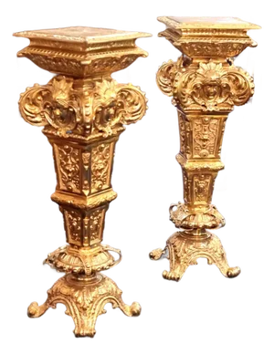 Gold Leaf Pedestal With Marble Top – Handcrafted Ornate Display Stand With Bronze Details