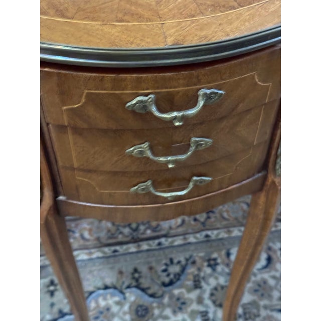 Pair of Vintage Louis XV Style Demilune Nightstands French Inlaid 3 Drawer Tables For Sale - Image 9 of 17