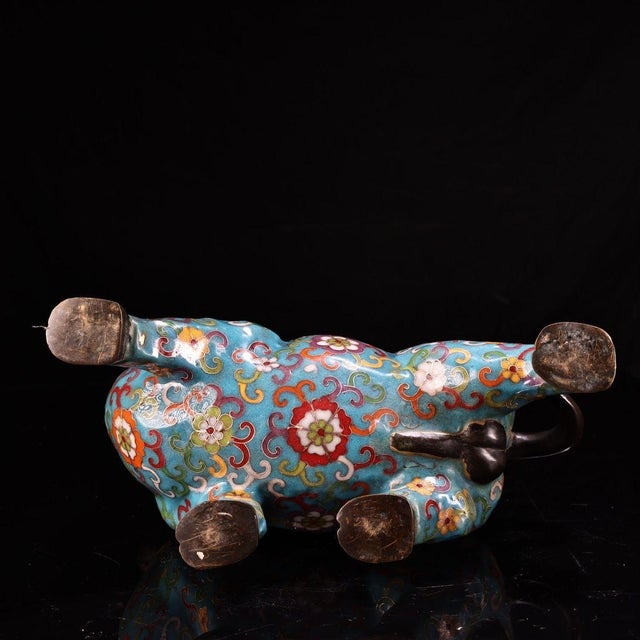 Turquoise Vintage Cloisonne Enamel Ox Figure – 9.1" Gilt Mythical Bull Sculpture For Sale - Image 8 of 9