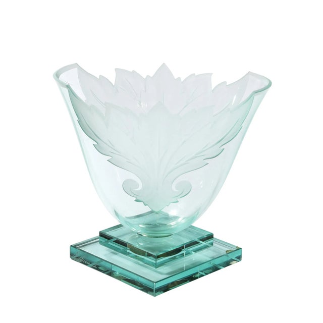 1990s Frosted and Etched Cut Glass Leaf Vase/Bowl on Geometric Base by Robert Guenther For Sale - Image 13 of 13