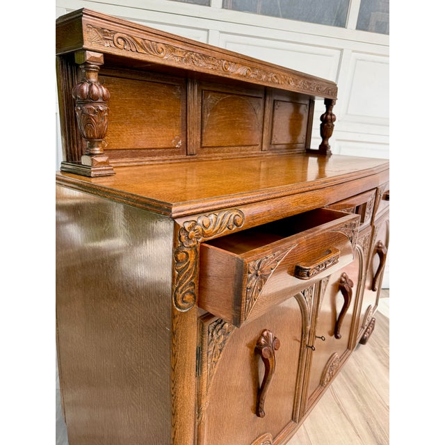 1920s Art Deco Carved Oak Sideboard Cabinet With Removable Gallery Top For Sale - Image 11 of 18