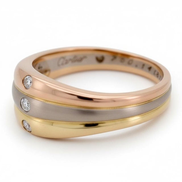 Early 21st Century Cartier Three-Tone Gold Ring - 18k Trinity Style With 3 Diamonds, Size 5.75 For Sale - Image 5 of 6