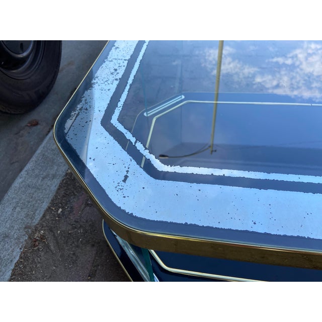 Vintage Hollywood Regency Style Black Lacquer and Glass Floating Coffee Table With Patina For Sale In Sacramento - Image 6 of 18
