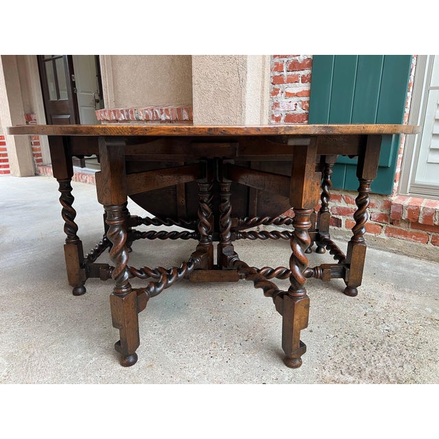 Antique English Wake Dining Table Drop Leaf Barley Twist Jacobean Oak Console For Sale In Dallas - Image 6 of 18