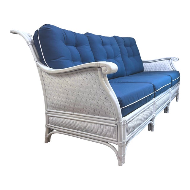 Tommy Bahama Rattan Sofa With Custom Cushions For Sale