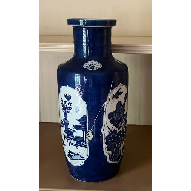 Early 18th Century Antique Early 18th Century Chinese Powder Blue Kangxi Period Porcelain Rouleau Vase Circa 1700 For Sale - Image 5 of 18