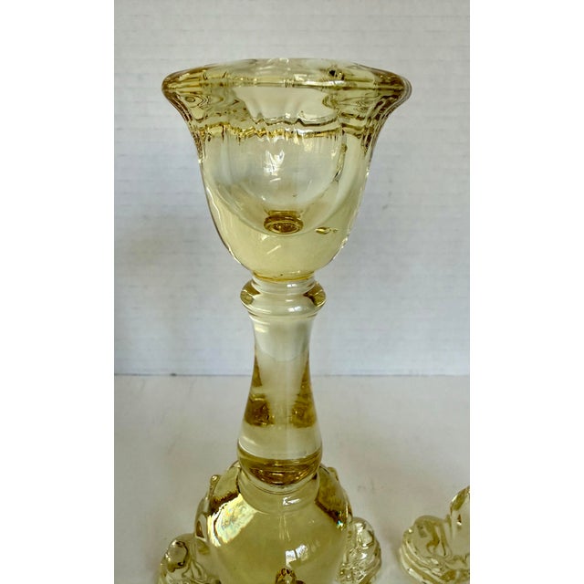 Pair of Depression Era Heisey Empress Sahara Yellow Glass Dolphin-Toe Candlesticks For Sale In Los Angeles - Image 6 of 11