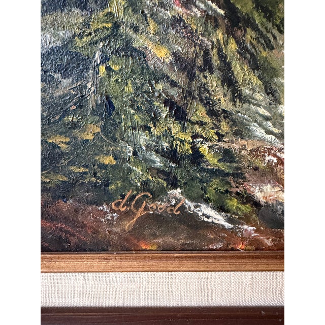 Vintage Signed Original Mountain Landscape Oil Painting on Canvas | Framed Alpine Forest Scene | 31” X 25.5” For Sale - Image 9 of 13