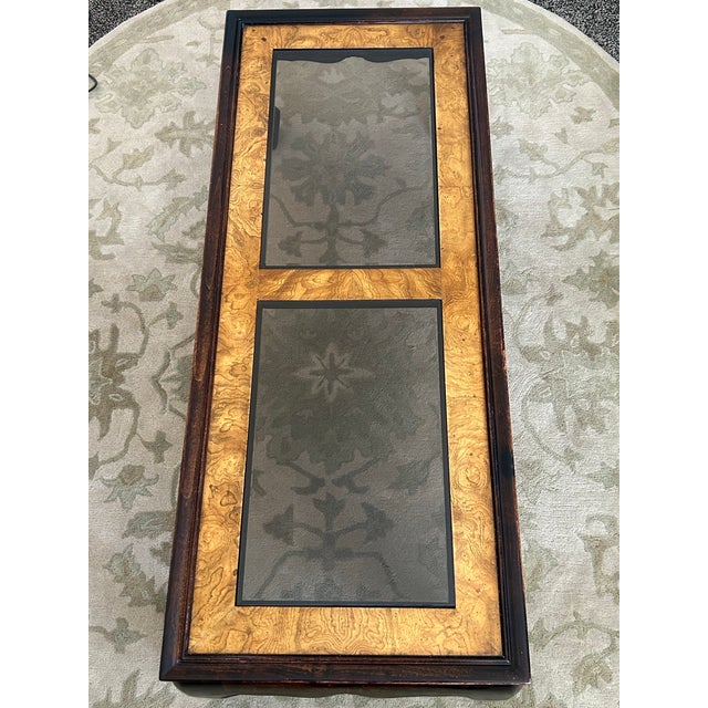 Postmodern Late 20th Century Postmodern Burlwood Ming-Style Coffee Table With Inset Smoked Glass For Sale - Image 3 of 10