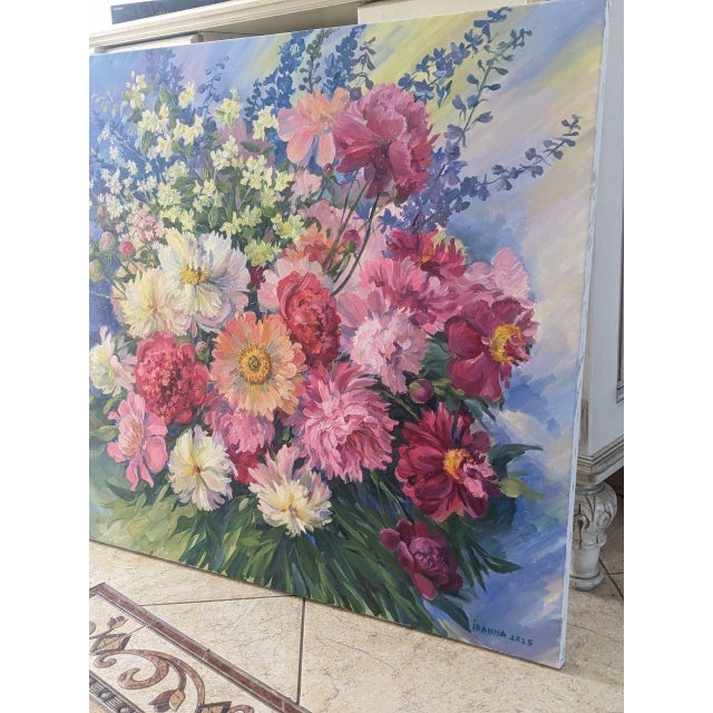 Art Deco Ivanna Hamuliak Floral Still Peony Original Oil Painting on Canvas Still Life For Sale - Image 3 of 7