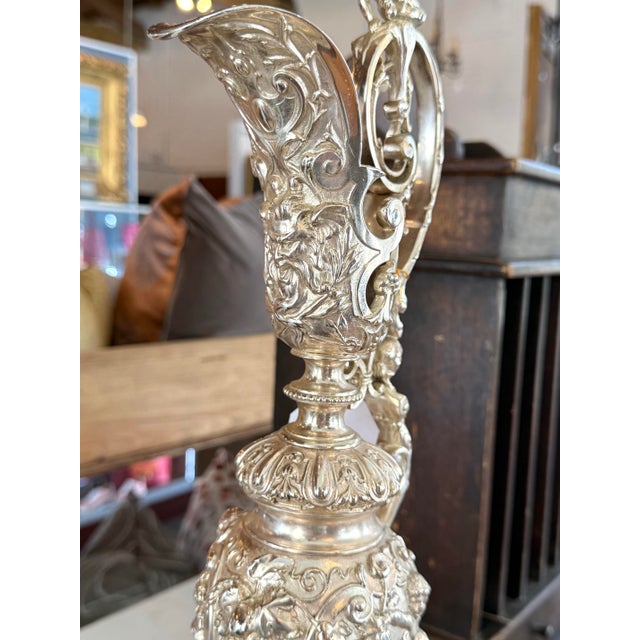 Monumental Silvered Metal Figural Ewer & Underplate With Classical Relief Decoration For Sale - Image 10 of 11