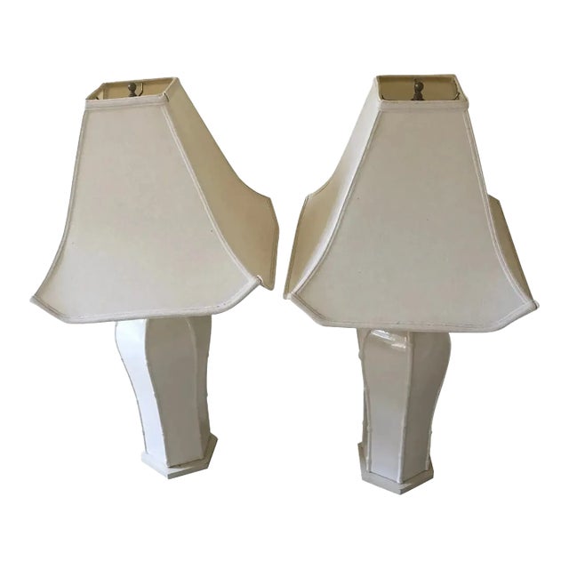 Pair of Vintage Large Ceramic Lamps With Shades, Faux Bamboo Pattern on Six Edges For Sale