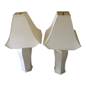 Pair of Vintage Large Ceramic Lamps With Shades, Faux Bamboo Pattern on Six Edges