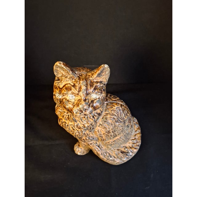 Early 20th Century Antique Cast Iron Seated Cat Doorstop Vintage Orange Painted Feline Figure 4lb For Sale - Image 5 of 18