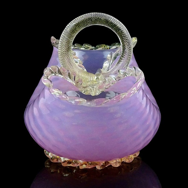 Murano Large Pink Opalescent Gold Flecks Diamond Quilted Italian Art Glass Vintage Basket Flower Vase For Sale - Image 10 of 13