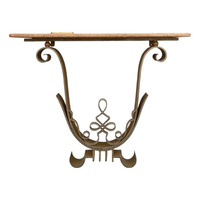 Poillerat-Style Wall-Mounted Scrolled Iron + Marble Console Table For Sale