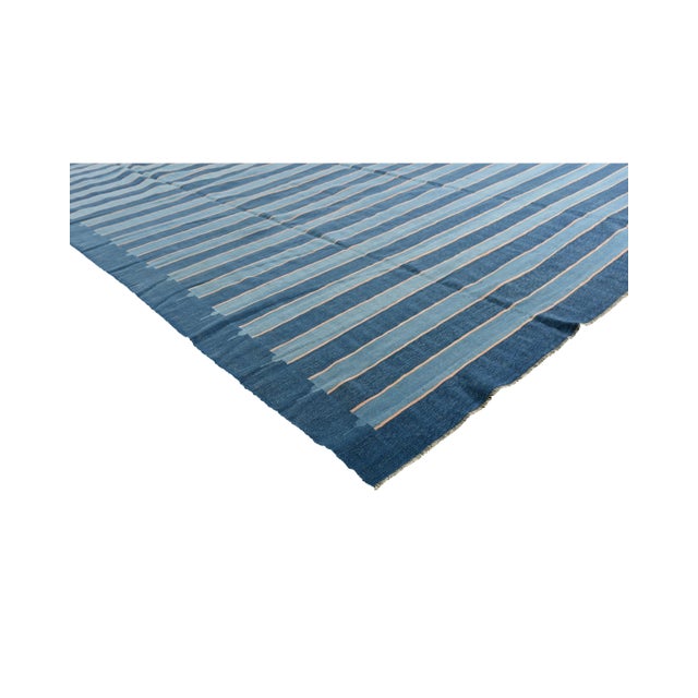 Traditional 1950s Vintage Dhurrie Flat Weave in Blue & Red Stripes by Rug & Kilim For Sale - Image 3 of 6