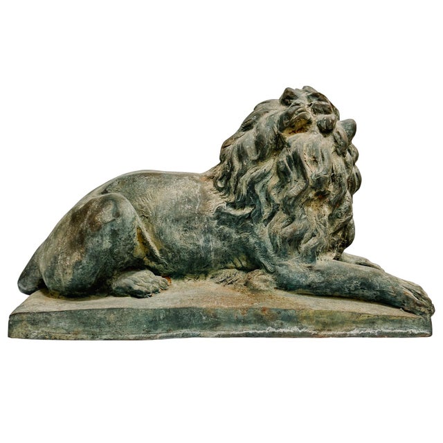Grand Scale Vintage Continental European Patinated Bronze Recumbent Lions - Pair For Sale In San Diego - Image 6 of 18