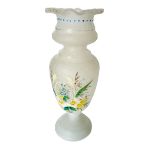 Vintage Hand Painted Floral Design Frosted Bristol Glass Vase