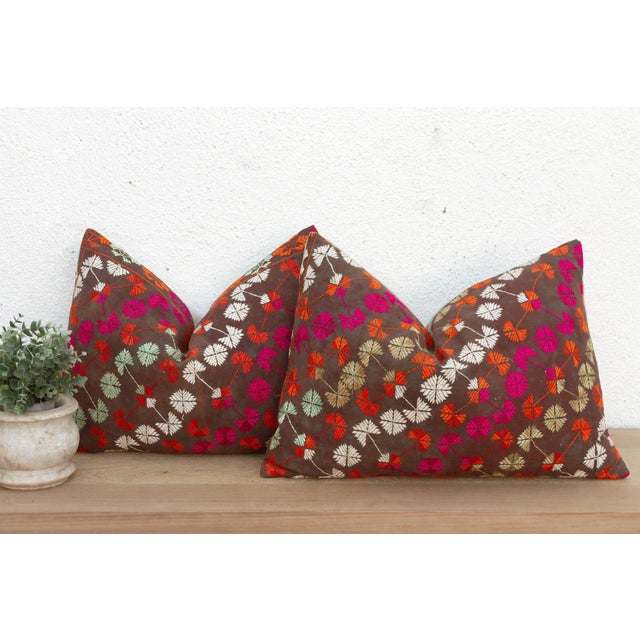These 16x24 inch lumbar pillows are a breathtaking study in Antique Indian Folk Art, handcrafted from a salvaged Punjabi...
