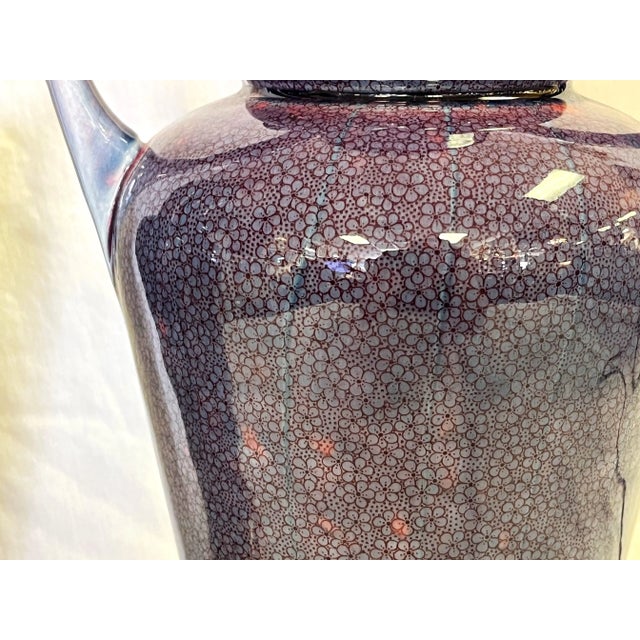 Vintage Ceramic Amphora Handled Vase Lamps With Purple Floral Decoration- a Pair For Sale - Image 9 of 12