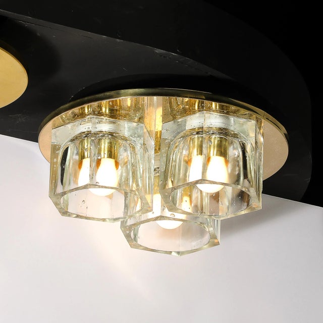Lightolier Mid-Century Hexagonal 3 Shade Glass Flush Mount Chandelier W/ Brass by Ligholier For Sale - Image 4 of 12