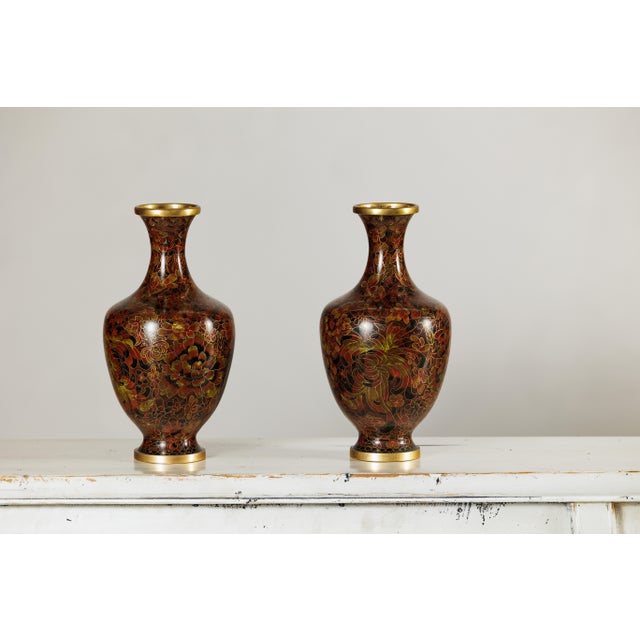 Late 20th Century Cloisonné Vases with Warm Reddish Brown Ground and Floral Decoration - A Pair For Sale - Image 5 of 18
