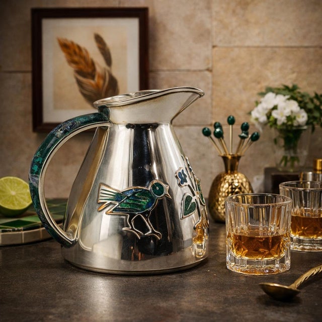 A sculptural vintage silver-plated water pitcher with malachite inlay designed and manufactured by Los Castillo in Taxco,...