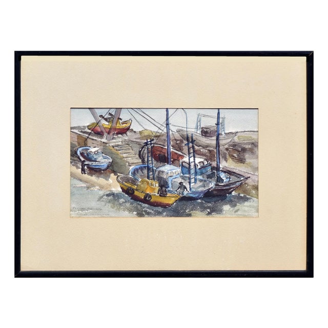 Vintage Figurative Landscape of Peniche, Portugal Harbor Boats by Buford Crossland For Sale In Monterey, CA - Image 6 of 6
