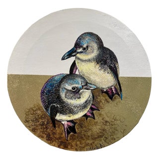 Anastasia Gklava, Baby Penguins, Oil Painting with Gold Leaf on Round Canvas, 2025 For Sale
