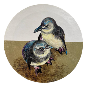 Anastasia Gklava, Baby Penguins, Oil Painting with Gold Leaf on Round Canvas, 2025