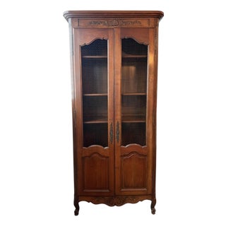 Vintage French Provincial Walnut Vitrine Cabinet With Black Chicken Wire For Sale