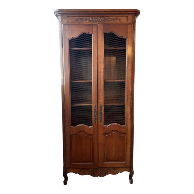 Vintage French Provincial Walnut Vitrine Cabinet With Black Chicken Wire For Sale