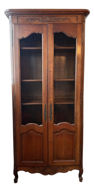 Vintage French Provincial Walnut Vitrine Cabinet With Black Chicken Wire