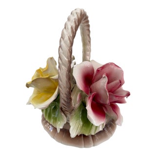 Vintage Italian Capodimonte Pink & Yellow Roses Porcelain Centerpiece Basket For Sale
