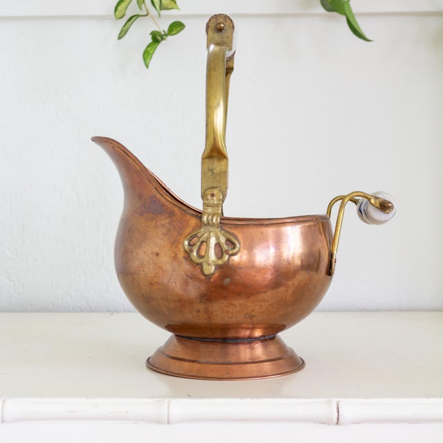 Metal Copper and Brass Helmet Coal Scuttle With Delft Handles For Sale - Image 7 of 9