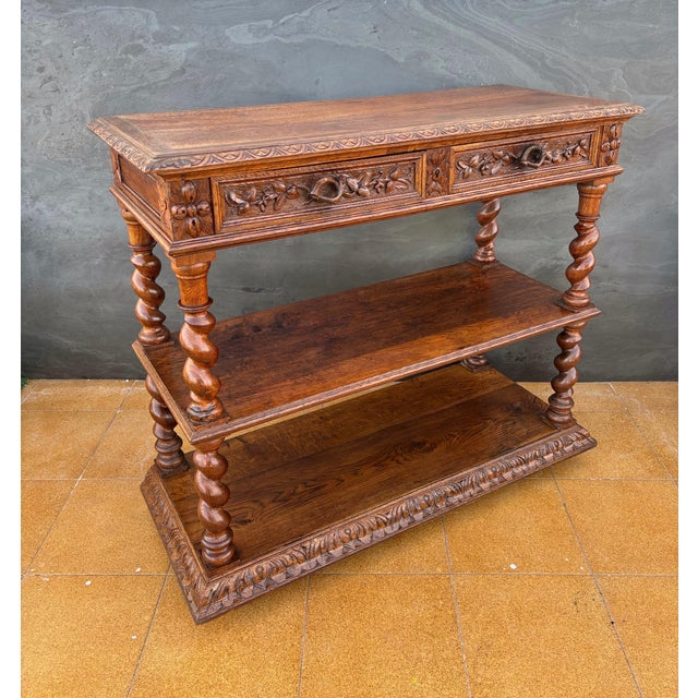 Carved Oak Barley Twist Console Table With Shelves For Sale - Image 9 of 14