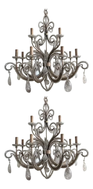 Pair of French Silver Leaf Wrought Iron Chandeliers With Rock Crystal, 20th Century