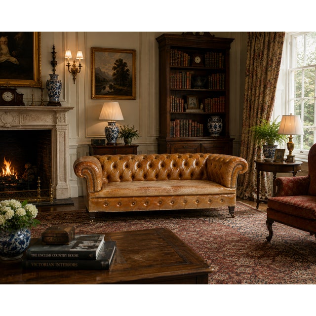 Circa 1930s English Chesterfield Tufted Leather Sofa in Original Distressed Tan Leather For Sale - Image 9 of 9