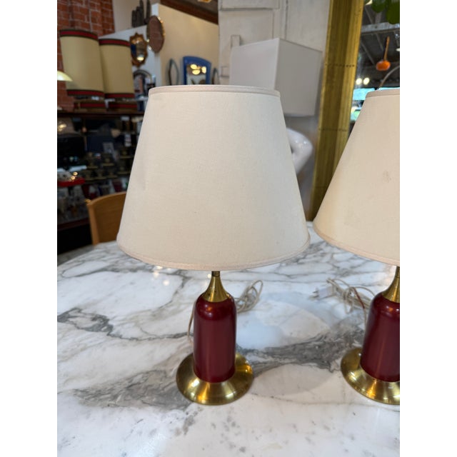 Vintage Red & Brass Table Lamps With Linen Shades - a Pair For Sale - Image 16 of 18