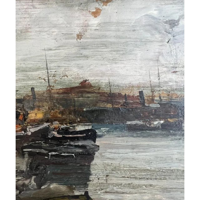 Wood Ezelino Briante, Boats in the Port of Genoa, 1960s, Oil on Wood, Framed For Sale - Image 7 of 12