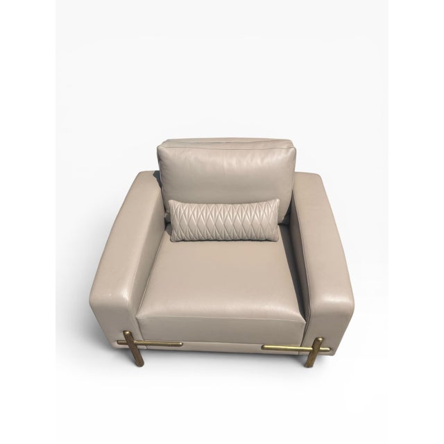 Theodore Alexander Contemporary Taupe Leather Lounge Chair With Brass Accents For Sale In Boston - Image 6 of 16